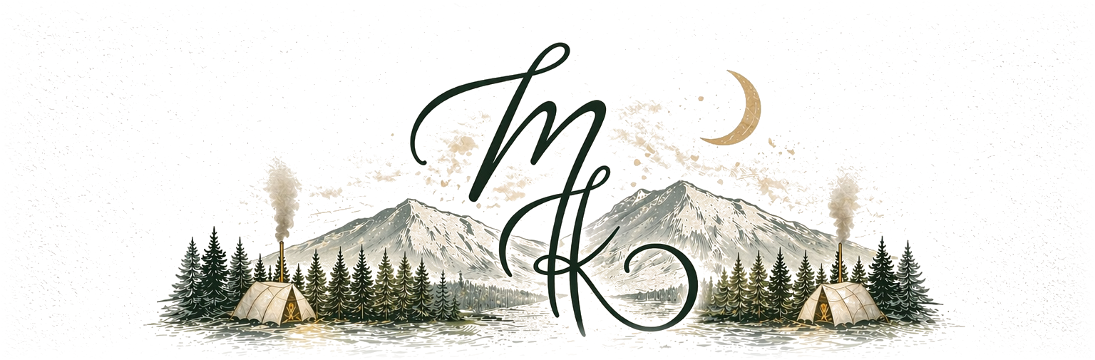 MK Mountain Canvas Retreats campsite illustration with stylized MK monogram